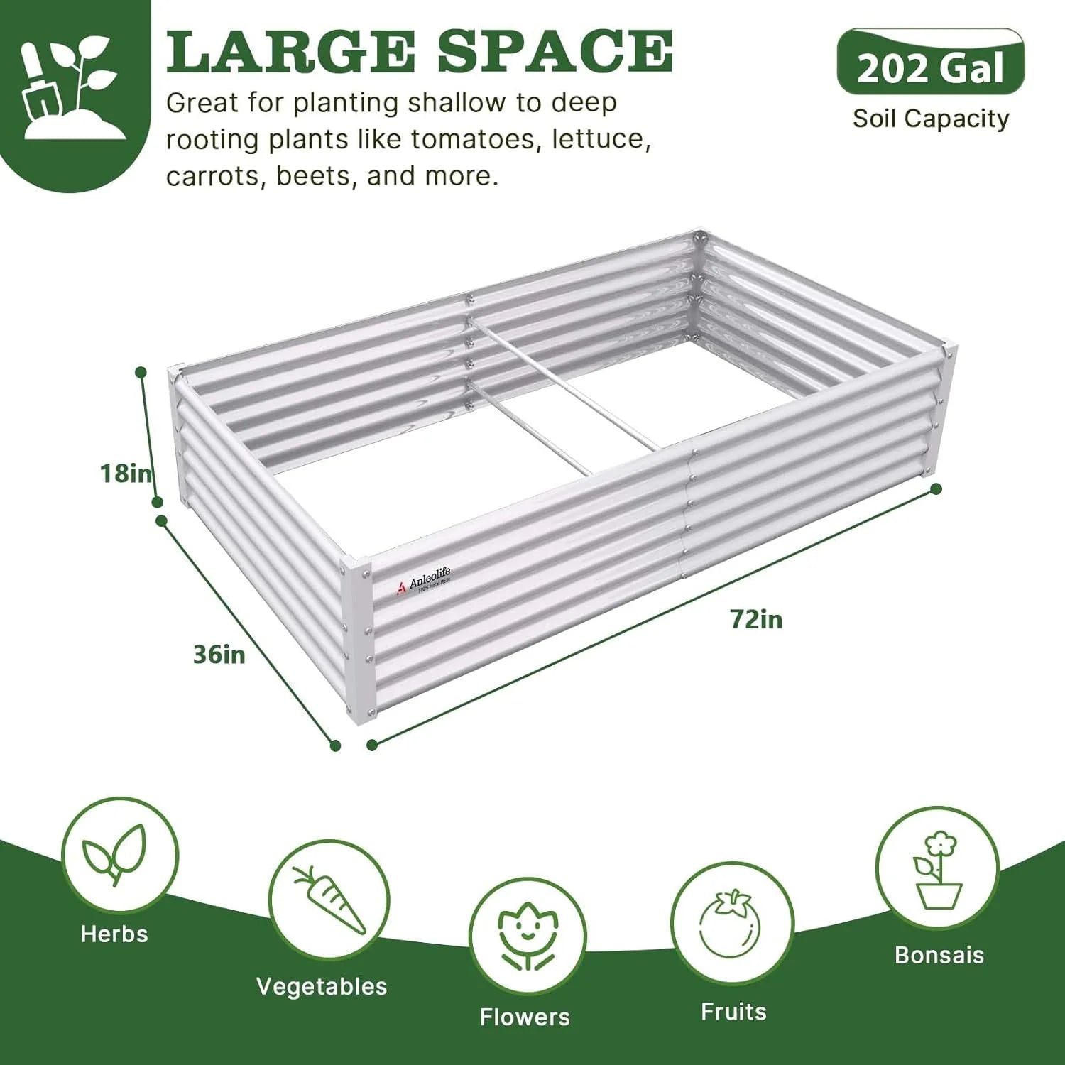 White raised garden bed with dimensions and features on a white background 