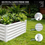 White raised garden bed with green plants on grass, featuring durability text and diagrams. 