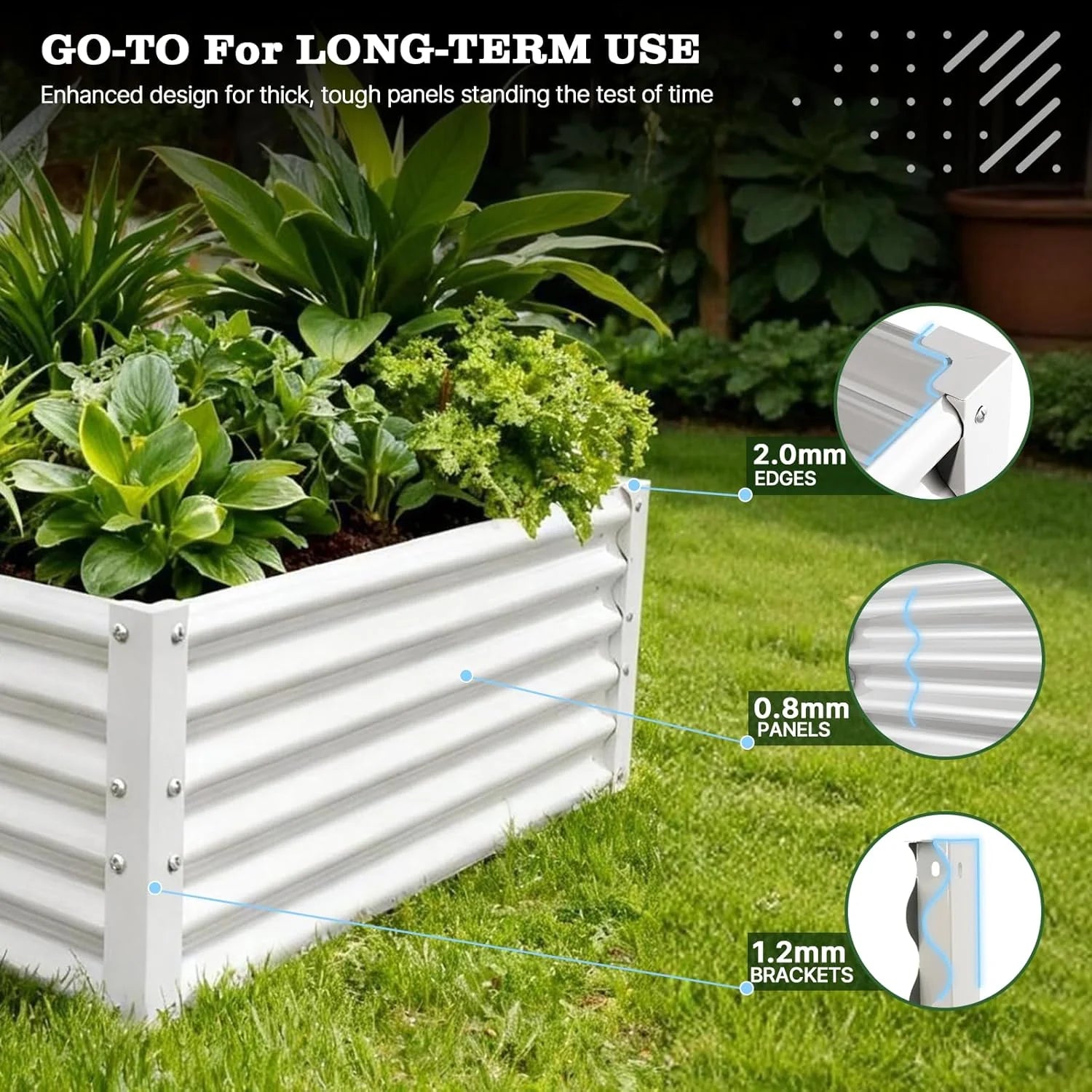 White raised garden bed with green plants on grass, featuring durability text and diagrams. 