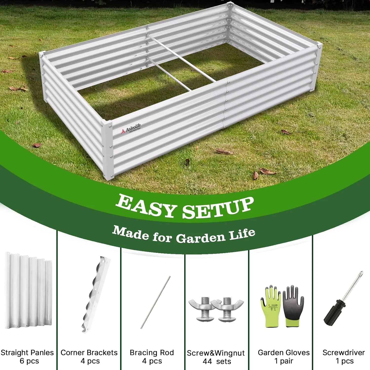White raised garden bed with assembly parts and tools on a grassy background 