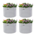 Four white ribbed planters with flowers on a white background 