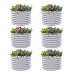 Six white cylindrical planters with flowers on a white background 