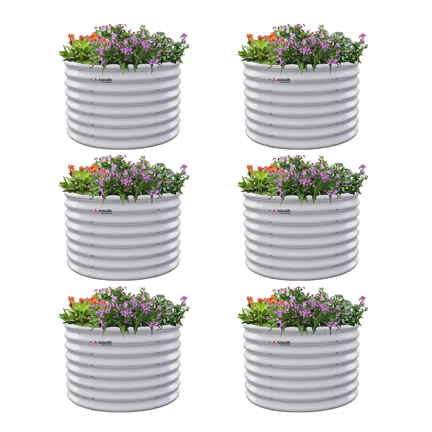 Six white cylindrical planters with flowers on a white background 