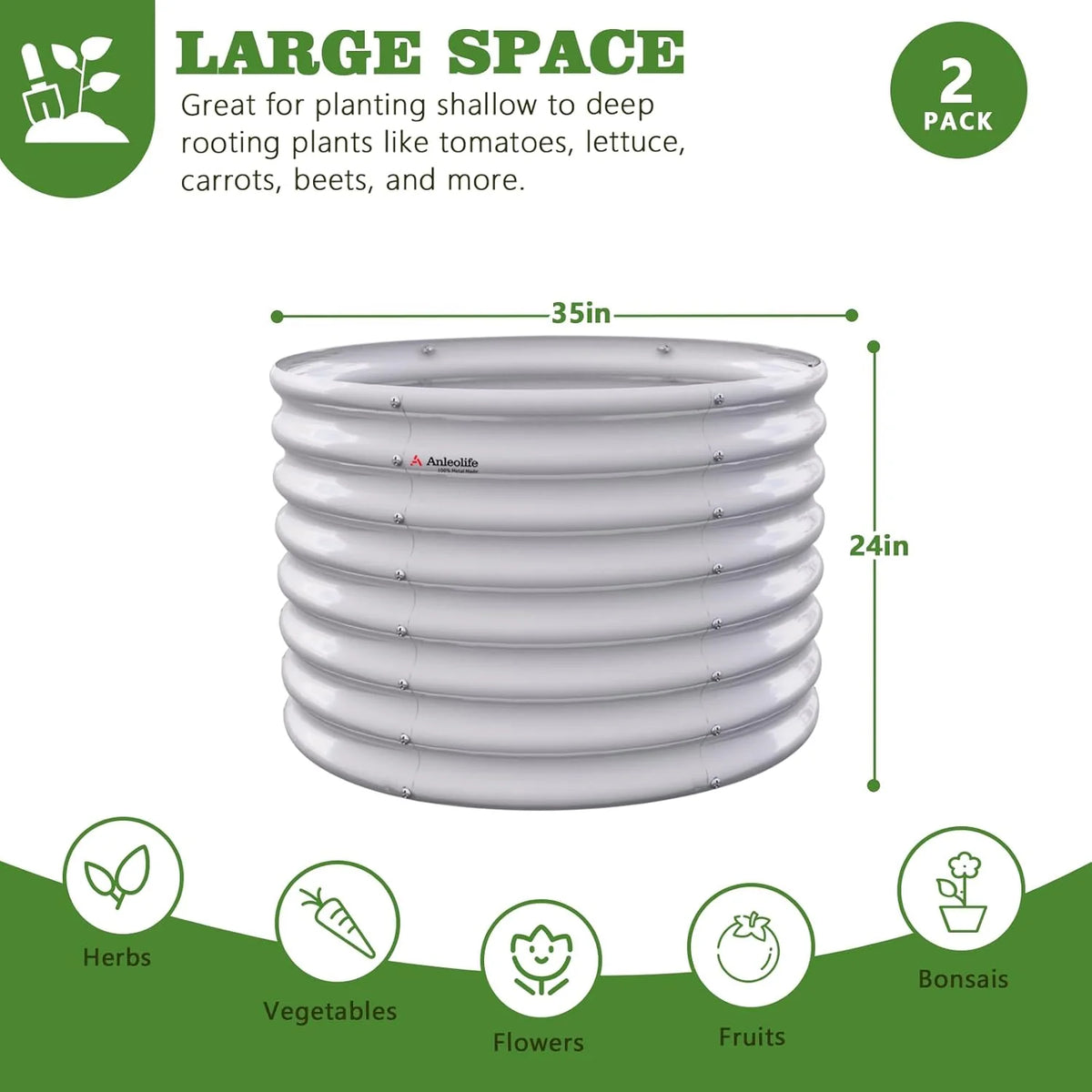 White cylindrical grow tube with dimensions and gardening uses on a green background 