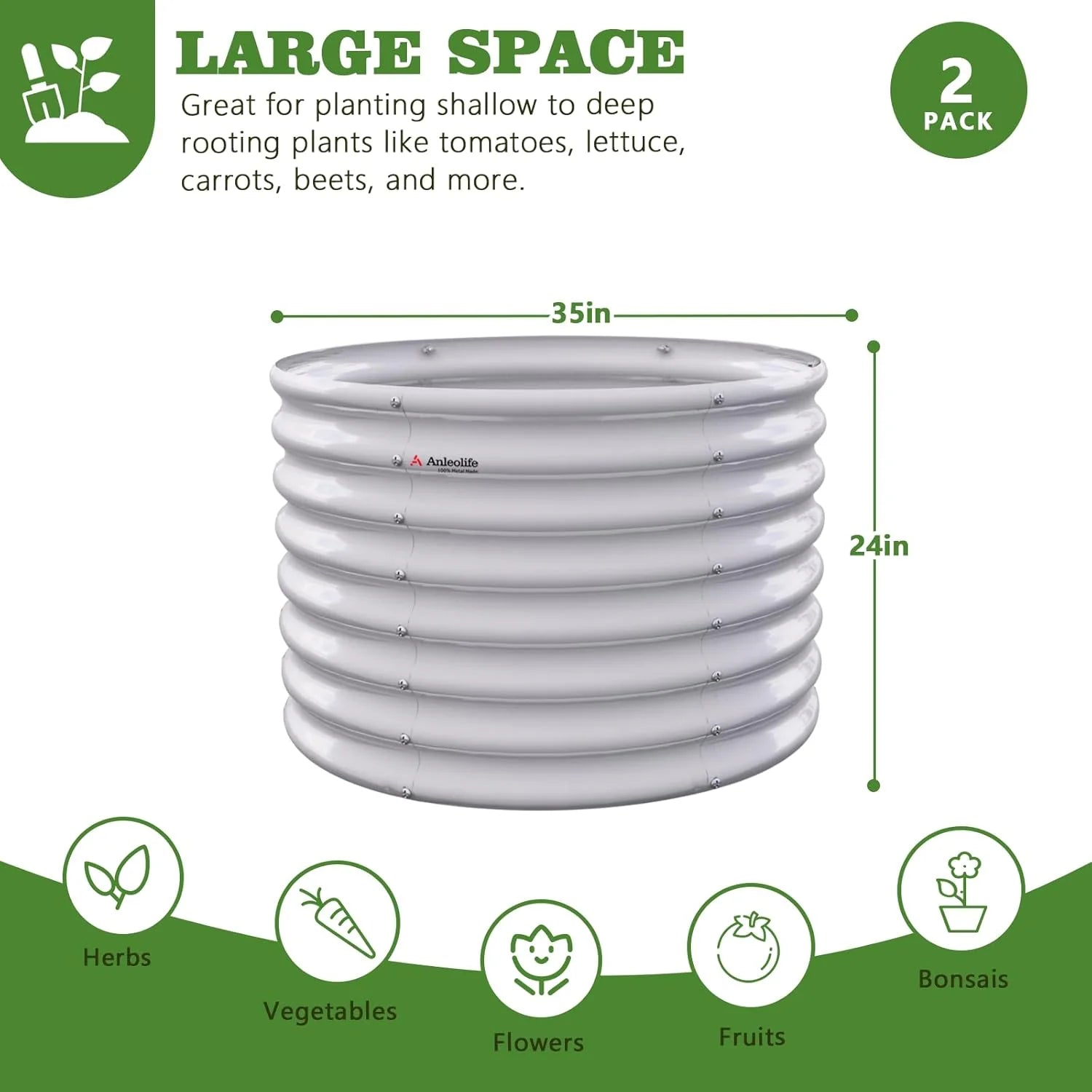 White cylindrical grow tube with dimensions and gardening uses on a green background 