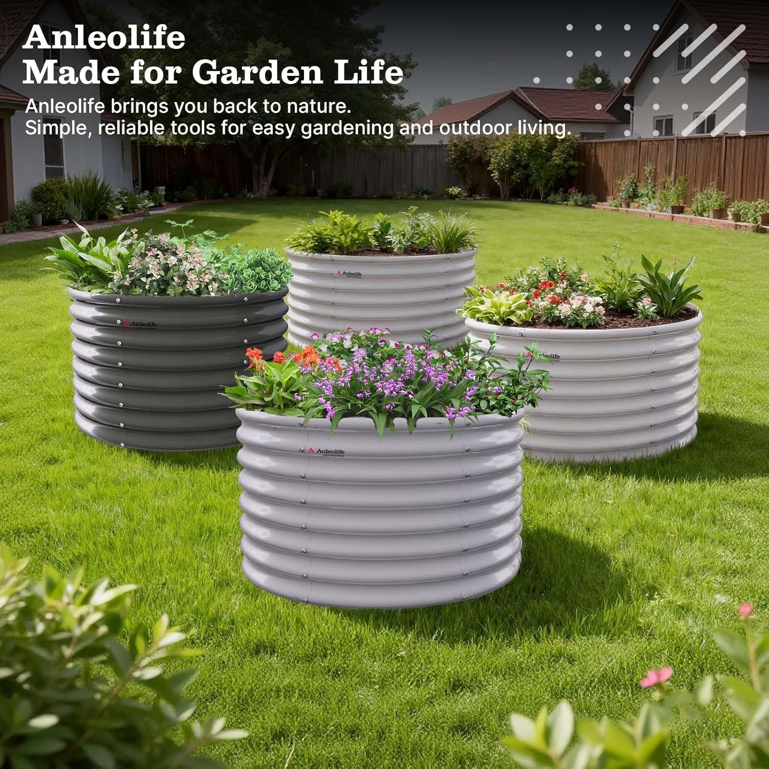 Garden planters with plants on a grassy area, featuring Anleolife branding.  