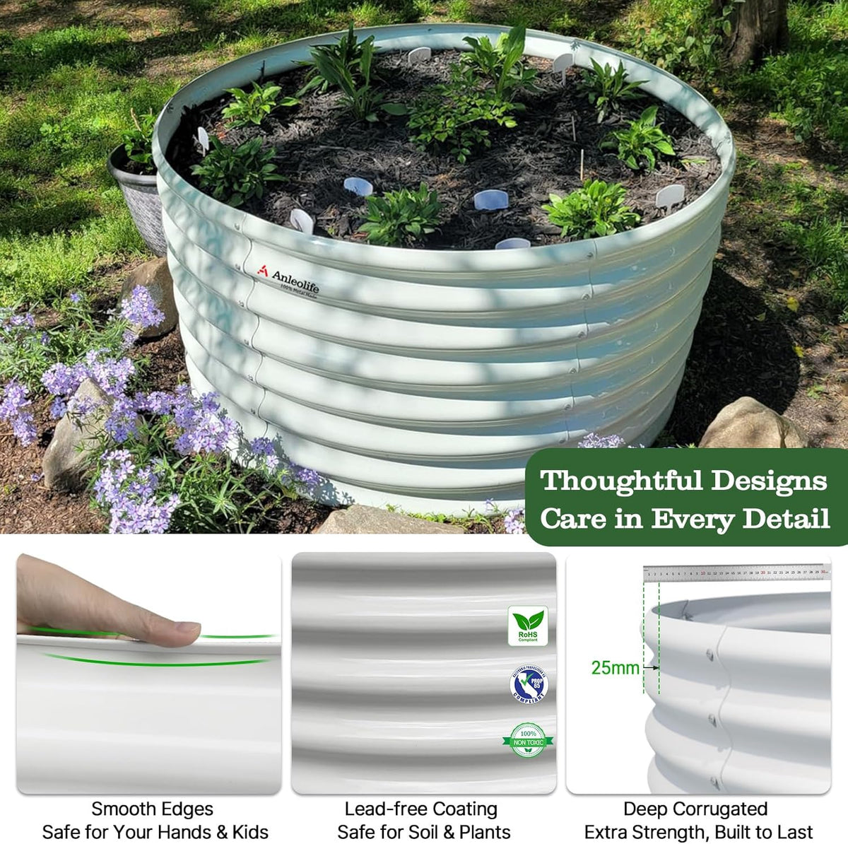 Large corrugated metal planter with plants, surrounded by flowers and rocks, with brand logo and product features displayed. 