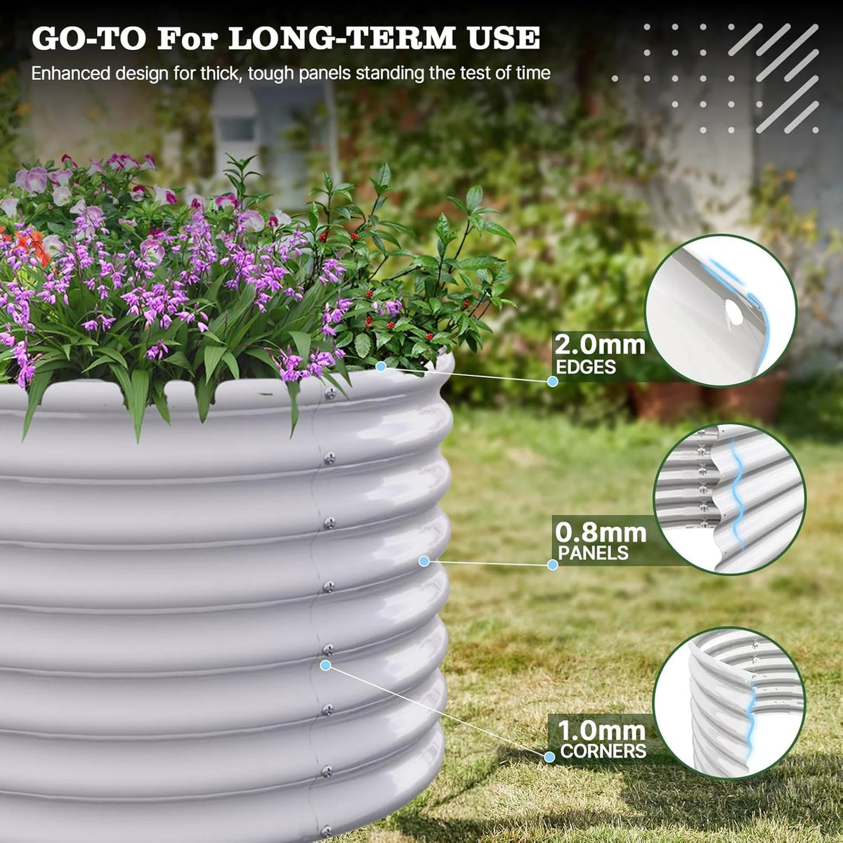 White garden planter with flowers, highlighting durability features on a grassy background. 