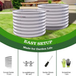 Two white curved panels with garden tools and accessories on a green background 