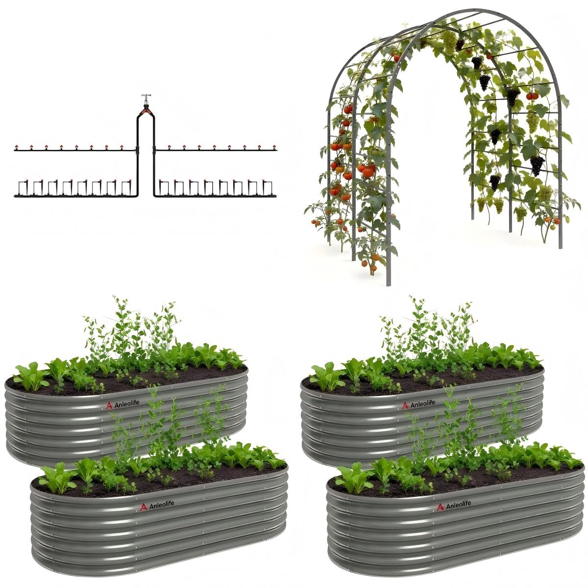 24" Extra Tall Raised Garden Bed Kit with Trellis & Drip Irrigation System (8×4 ft, Set of 4)