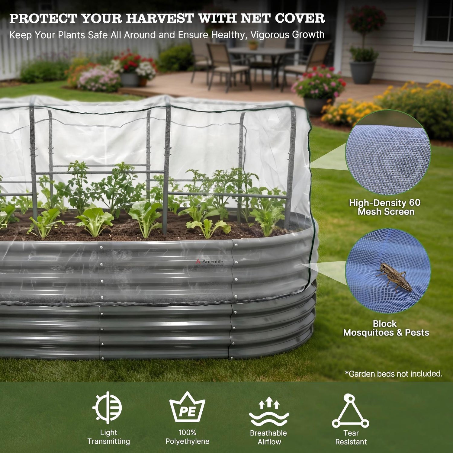 24" Extra Tall 8×4 ft Raised Garden Bed Kit (1 Bed + 1 Tunnel Trellis + 1 Pest Mesh)