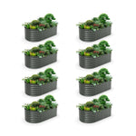 Set of eight rectangular raised garden beds with plants on a white background 