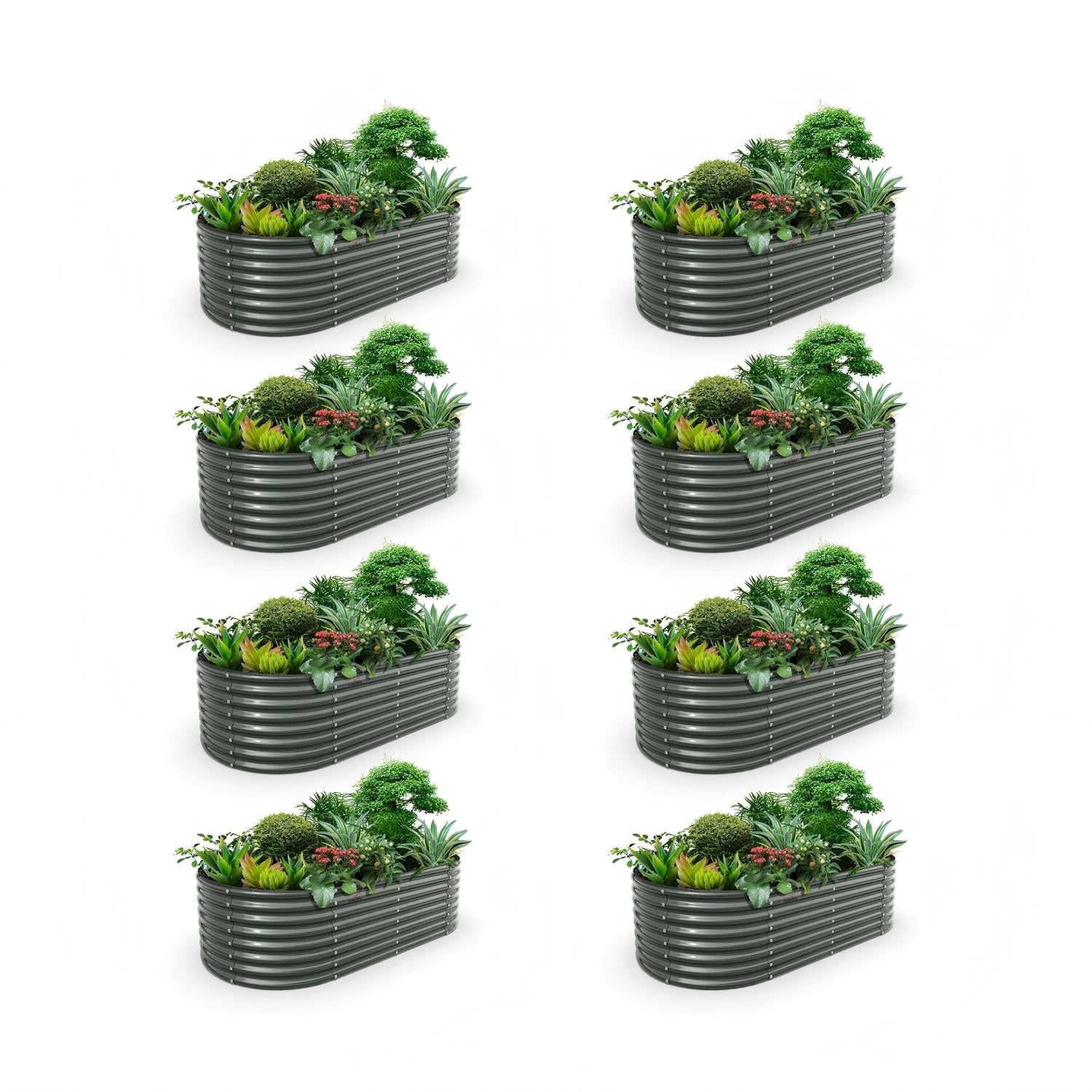 Set of eight rectangular raised garden beds with plants on a white background #quartz-gray