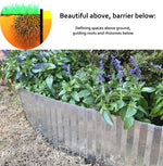 Metal garden border with plants and text about defining spaces above and below ground. 