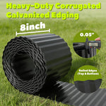 Heavy-duty corrugated galvanized edging roll with specifications on a grass background 