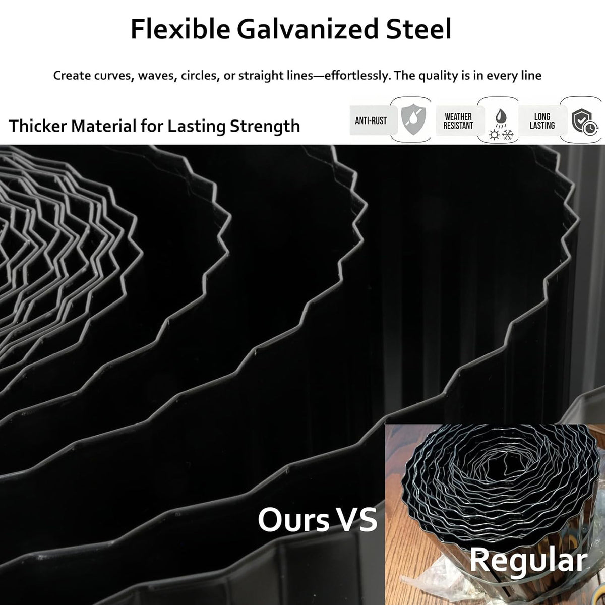 Flexible galvanized steel with text highlighting its features and a comparison to regular steel. 