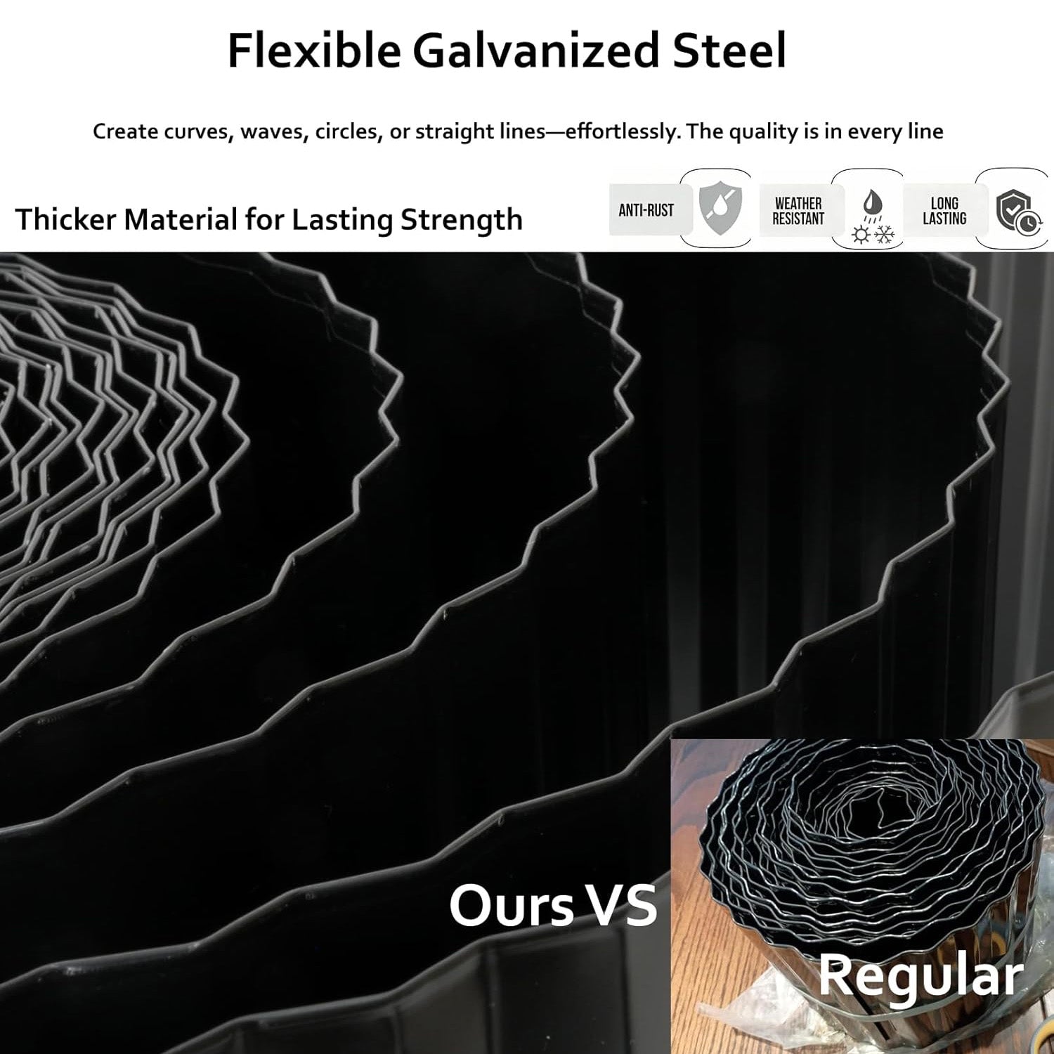 Flexible galvanized steel with text highlighting its features and a comparison to regular steel. 