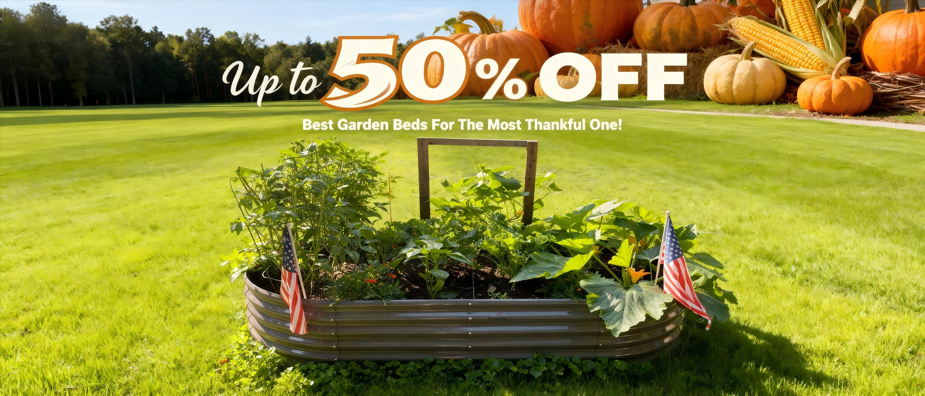 Garden bed with plants and pumpkins on a grassy field, promoting garden beds for the fall season.