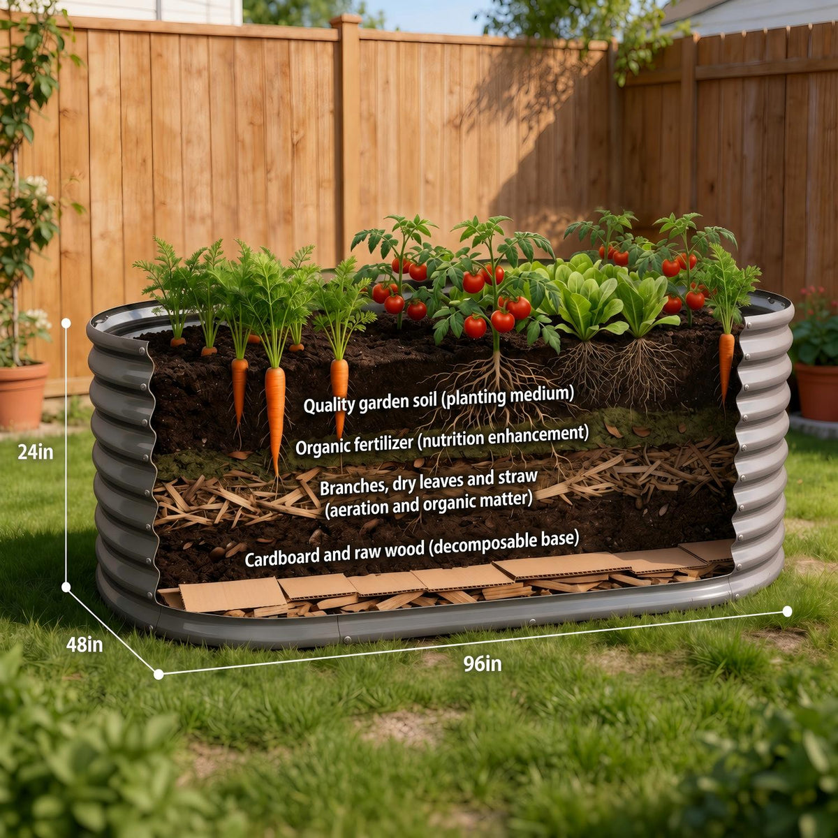 Compost bin with garden plants and measurements on a grassy area. 