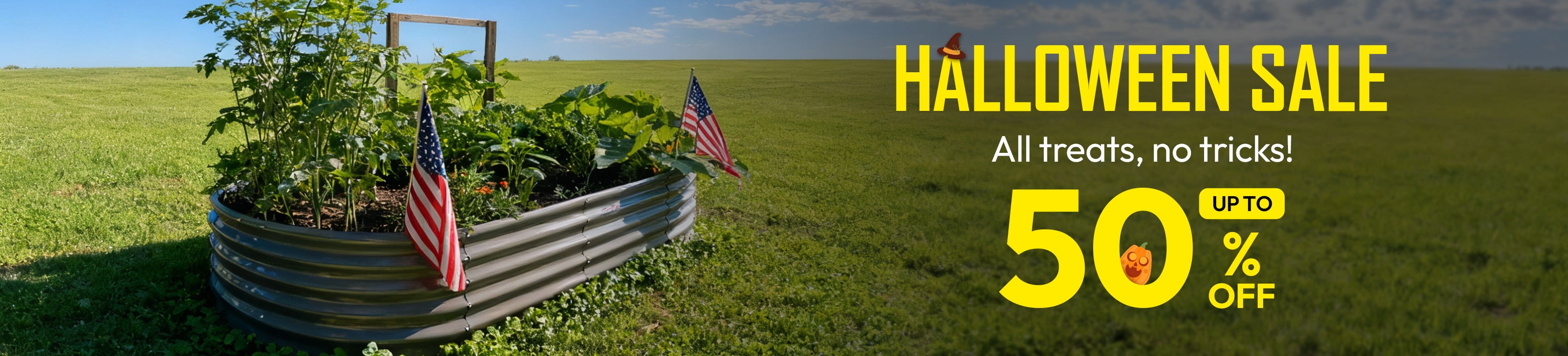 Halloween sale banner with garden bed and flags in a field