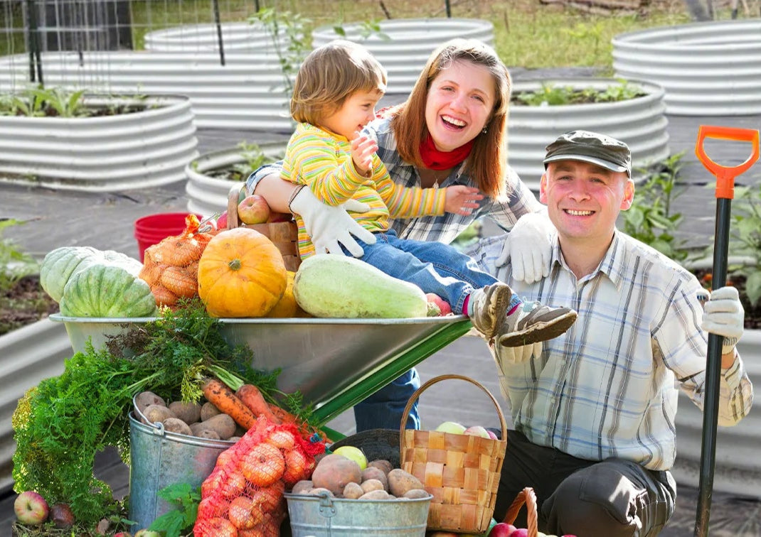 Promotional banner for a harvest festival with people in a garden and text offering discounts.