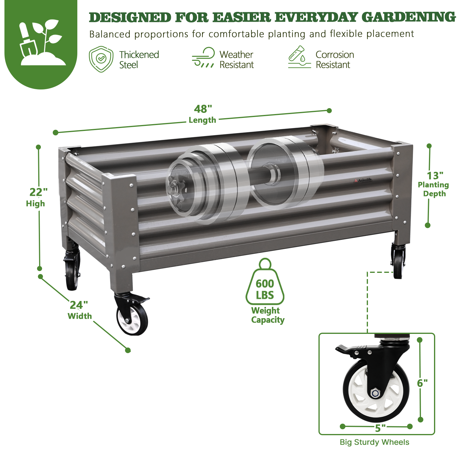 Elevated Raised Garden Bed with dimensions and features highlighted on a white background 
