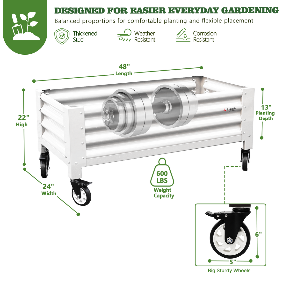 22" Tall 4x2 ft Rust-Resistant Elevated Raised Garden Bed with Low-Profile Wheels with dimensions and features highlighted on a white background 