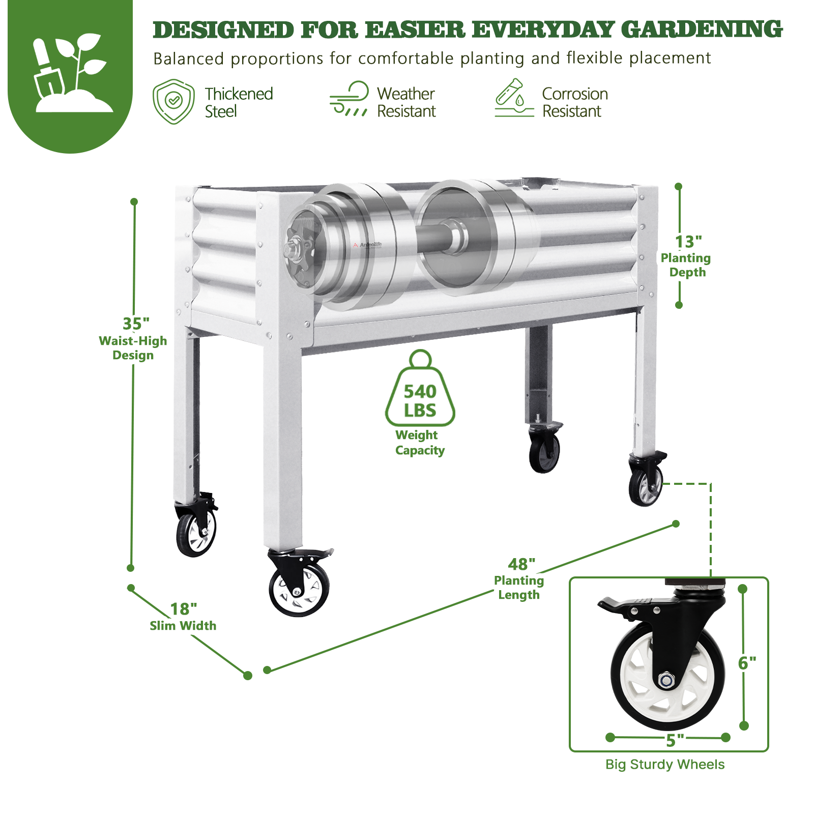 35" Waist-High 4x1.5 ft Galvanized Steel Elevated Raised Garden Bed 